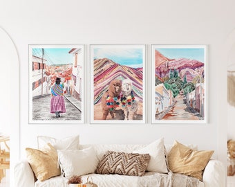 Andes Set of 3 Vinicunca Peru Printable Art Alpaca Print Purmamarca Argentina Watercolor Painting Bolivia Travel Art Housewarming Gift