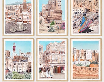 Jemen Wand Kunst 6er Set: Aquarell Prints, Jemen Landschaftsmalerei, Nahöstlicher Naher Osten Dekor, Reisegeschenk
