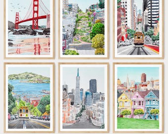 San Francisco Galleriewand-Set, kalifornische Aquarelldrucke, eklektische Wandkunst, Küstendekor, Reisegeschenk