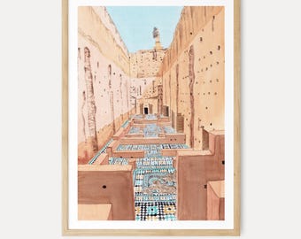 Impressão em aquarela do Palácio El Badi, arte de parede marroquina, pintura da paisagem urbana de Marrakech, decoração boho marroquina, download digital | NorrskenArt