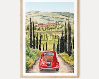 Lámina de la Toscana, Arte mural de Italia, Acuarela de coche rojo antiguo, Pintura de paisaje rural italiano, Descarga digital imprimible / NorrskenArt