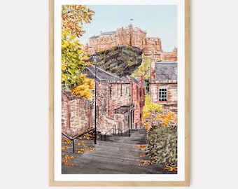 Edinburgh Watercolor Print, Scottish Wall Art, Fall Cityscape Painting, Rustic Decor, Scotland Travel Gift, Digital Download NorrskenArt