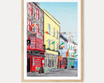 Lámina de acuarela de Galway, arte mural de Irlanda, pintura de paisaje urbano, decoración ecléctica de pubs irlandeses, regalo de inauguración de casa, descarga digital / NorrskenArt