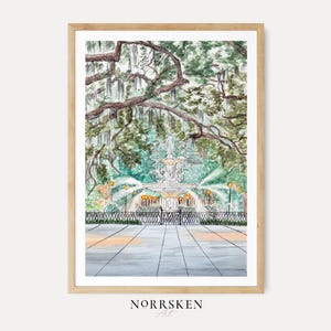 Savannah Forsyth Park fontein print, Georgia Wall Art, aquarel schilderij, zuidelijke charme Grand Millennial decor | NorrskenArt