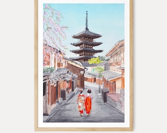 Stampa ad acquerello di Kyoto, arte murale giapponese, decorazione primaverile Sakura Japandi, dipinto di paesaggio urbano giapponese, download digitale / NorrskenArt