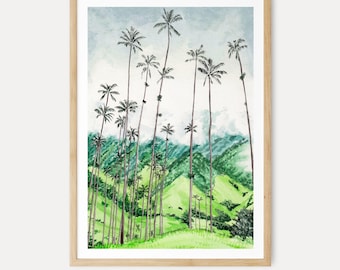 May include: Watercolor print of a landscape featuring tall palm trees against a backdrop of green hills and a cloudy sky. The artwork is framed in a light wood frame. The artist's name, NORRSKEN Art, is printed at the bottom.
