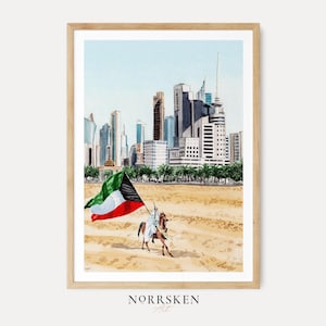 May include: A framed watercolour print depicting a rider on a brown horse carrying a Kuwaiti flag across a sandy landscape. In the background, a modern city skyline with tall skyscrapers rises above a line of green palm trees under a clear sky.