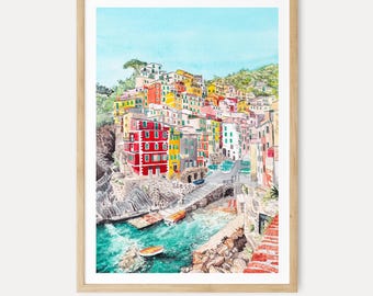 Cinque Terre Print, Italy Wall Art, Watercolor Coastal Landscape, Italian Riviera, Mediterranean Decor, Digital Download | NorrskenArt