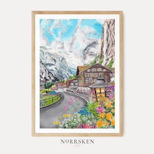 Lauterbrunnen Watercolor Print, Swiss Alps Wall Art, Switzerland Landscape Painting, Alpine Printable Art, Cottagecore Decor | NorrskenArt