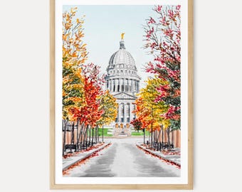 Aquarelprint van Madison, muurdecoratie uit Wisconsin, herfstlandschap van het Midwesten, vintage decoratie, digitale download, reisgeschenk | NorrskenArt