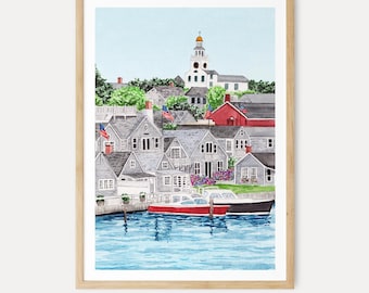 Nantucket Watercolor Print, Massachusetts Wall Art, New England Nautical Decor, Beach House Printable Art, Digital Download | NorrskenArt