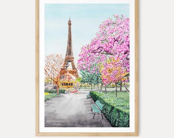 Paris Wall Art Print, Eiffel Tower Watercolor Painting, French Poster, Grandmillennial Bedroom Wall Art, Girly Vanity Decor | NorrskenArt