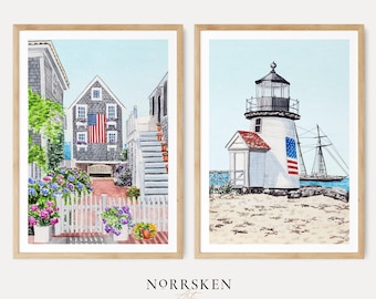 Cape Cod Nantucket Wall Art Prints, Lighthouse Watercolor Painting, New England Coastal Grandmother Decor, Digital Download | NorrskenArt