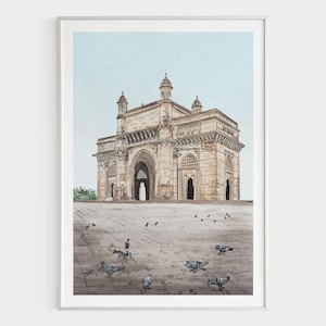 ムンバイの水彩画、インドの壁画、インド門のアートワーク、ムンバイの都市景観画、インドの装飾