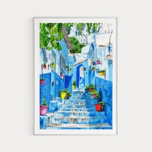 Chefchaouen Print, Maroko Wall Art, Blue City Print, Malarstwo akwarelowe, Chefchaouen Art Print, Maroko Art, Africa Print, Prezent podróżny