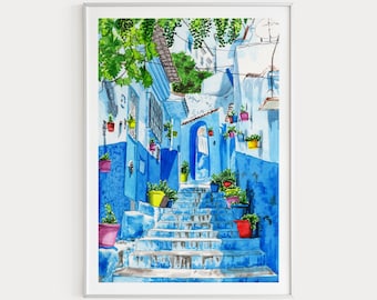 Impression de Chefchaouen, art mural Maroc, impression de ville bleue, peinture aquarelle, impression d'art de Chefchaouen, art du Maroc, impression d'Afrique, cadeau de voyage