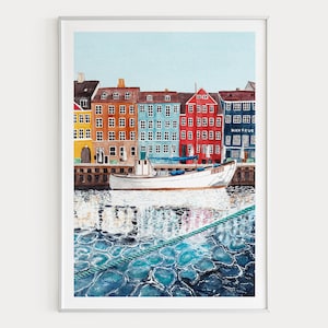 Impressão em aquarela de Copenhague, arte de parede da Dinamarca, pintura da paisagem urbana de Copenhague, decoração escandinava, presente de viagem
