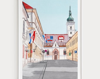 Zagreb Print, Croatia Wall Art, Watercolor Cityscape, Croatian Decor, Travel Gift