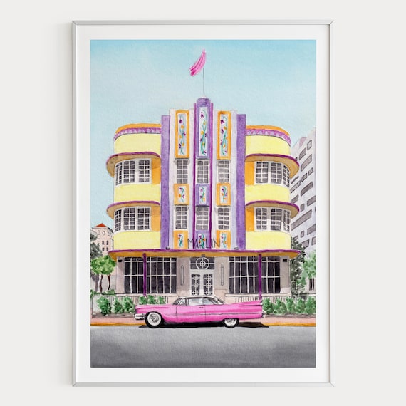 Miami Watercolor Print, Florida Wall Art, Miami Cityscape Painting, Retro Decor