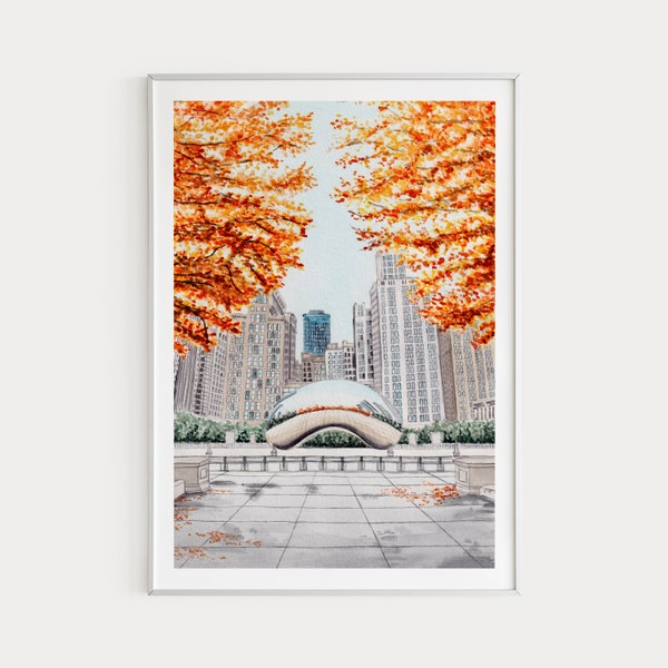 Chicago Print, Chicago Wall Art, Chicago Art Print, Cloud Gate Print, Chicago The Bean Art, Chicago Cityscape, USA Print, Travel Gift