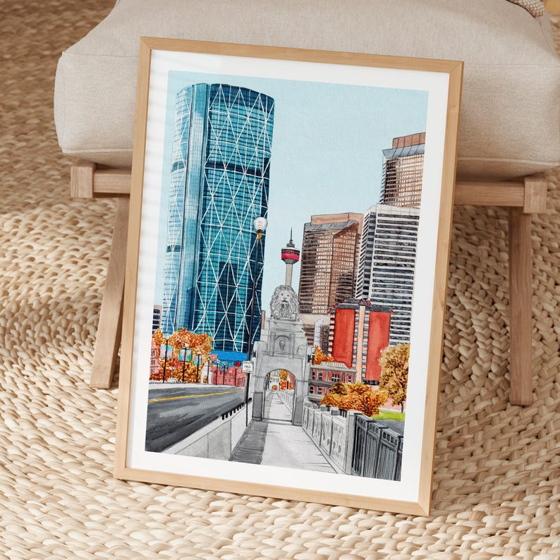 Calgary Watercolor Print, Canada Wall Art, Cityscape Painting, Alberta Canadian Urban Decor, Digital Download | NorrskenArt image 4