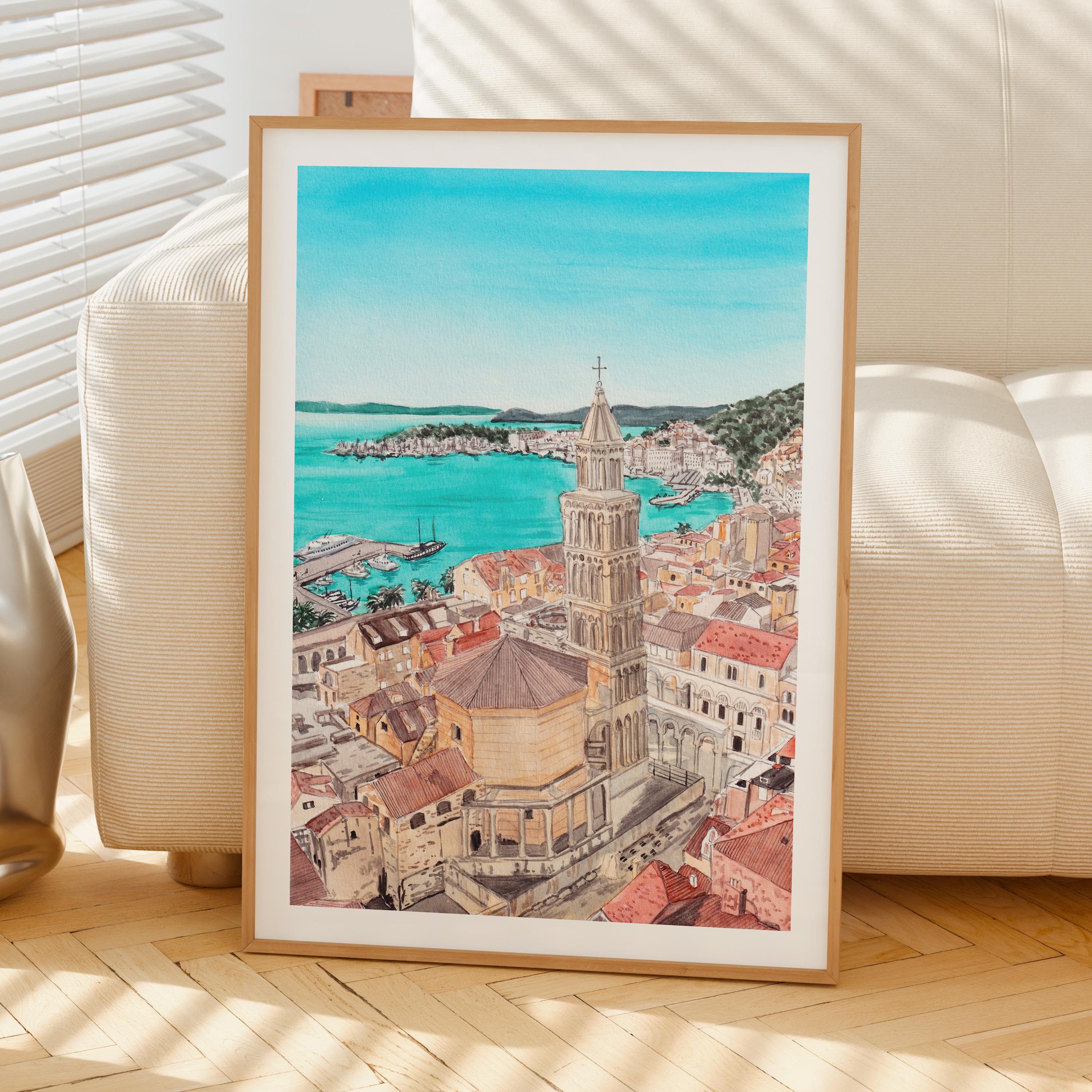スプリットの水彩画、クロアチアの壁画、スプリットの街並みの絵画