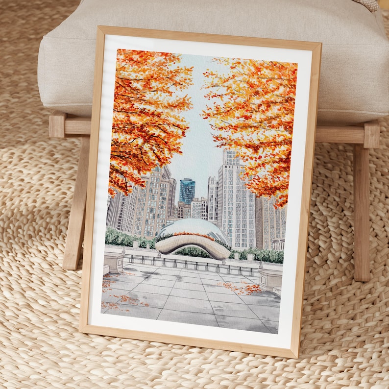 Cloud Gate Watercolor Print, Chicago Wall Art, Chicago Cityscape Painting, Illinois Fall Decor image 4