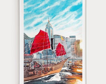 Impresión de acuarela del puerto Victoria, arte mural de Hong Kong, pintura del horizonte de Hong Kong, regalo de viaje a China