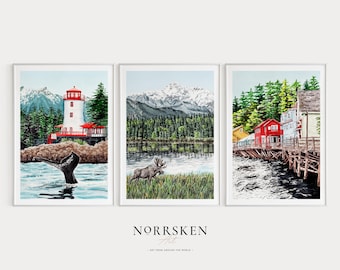 Conjunto de 3 aquarelas do Alasca: pinturas das paisagens de Sitka, Ketchikan e Denali, decoração costeira do Alasca.