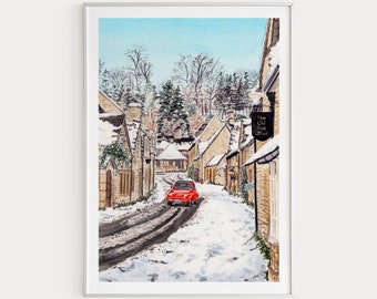 The Cotswolds Print, England Wall Art, Castle Combe, UK Art Print, Winter Art, The Cotswolds Watercolor Painting, Europe Print, Travel Gift
