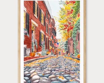 Boston Beacon Hill Print, Acorn Street Watercolor Painting, Massachusetts Wall Art, New England Fall Decor, Travel Gift