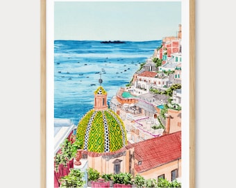 Positano Print, Amalfi Coast Wall Art, Positano Watercolor Landscape, Italian Coastal Decor