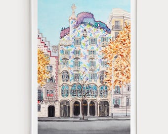 Casa Batlló Watercolor Print: Barcelona Wall Art, Spanish Decor, Barcelona Cityscape Painting, Travel Gift