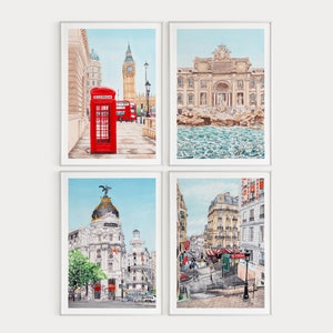 Set of 4 Europe Cities Watercolor Prints, European Cities Art, Paris Wall Art, Rome Art Print, London Print, Madrid Art, Europe Travel Gift