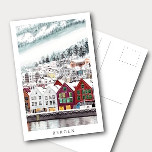 Bergen Norwegen Postkarte, Aquarell Postkarten, Bergen Landschaft, Postkarte Druck, sofortiger digitaler Download, Weihnachtsgeschenk, druckbare Postkarte