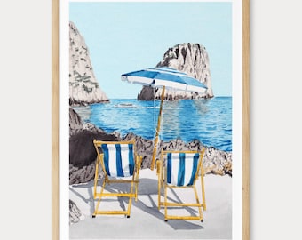 La Fontelina Strand Druck, Italien Wandkunst, Capri Aquarell Landschaft, Italienisches Küstendekor, Reisegeschenk