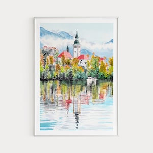 Bleder See Aquarell Druck Slovenien Wand Kunst See Bled Malerei Slovenien Landschaft Slovenien Kunst Druck druckbare Wand Kunst Reise Geschenk