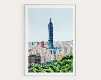 Taipei Watercolor Print, Taiwan Wall Art, Taipei Skyline Painting, Taiwanese Decor, Travel Gift