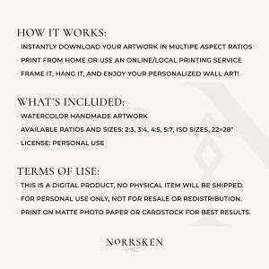 May include: A digital information graphic with black text on a light background. It outlines instructions for downloading and printing watercolour artwork, lists available aspect ratios including 22x28 inches, and states terms of use for personal use only.