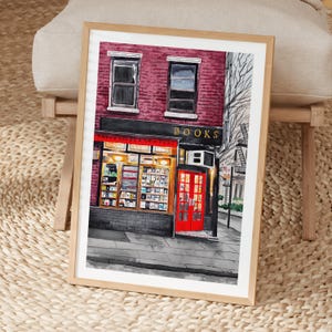 Impresión de acuarela de librería, arte mural de Nueva York, regalo para amantes de los libros, decoración literaria para ratones de biblioteca imagen 4
