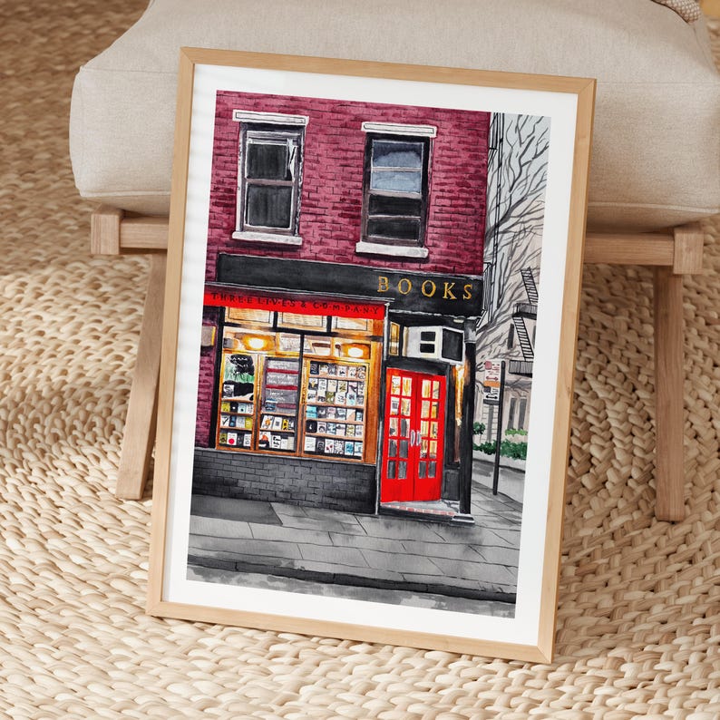 Impresión de acuarela de librería, arte mural de Nueva York, regalo para amantes de los libros, decoración literaria para ratones de biblioteca imagen 4