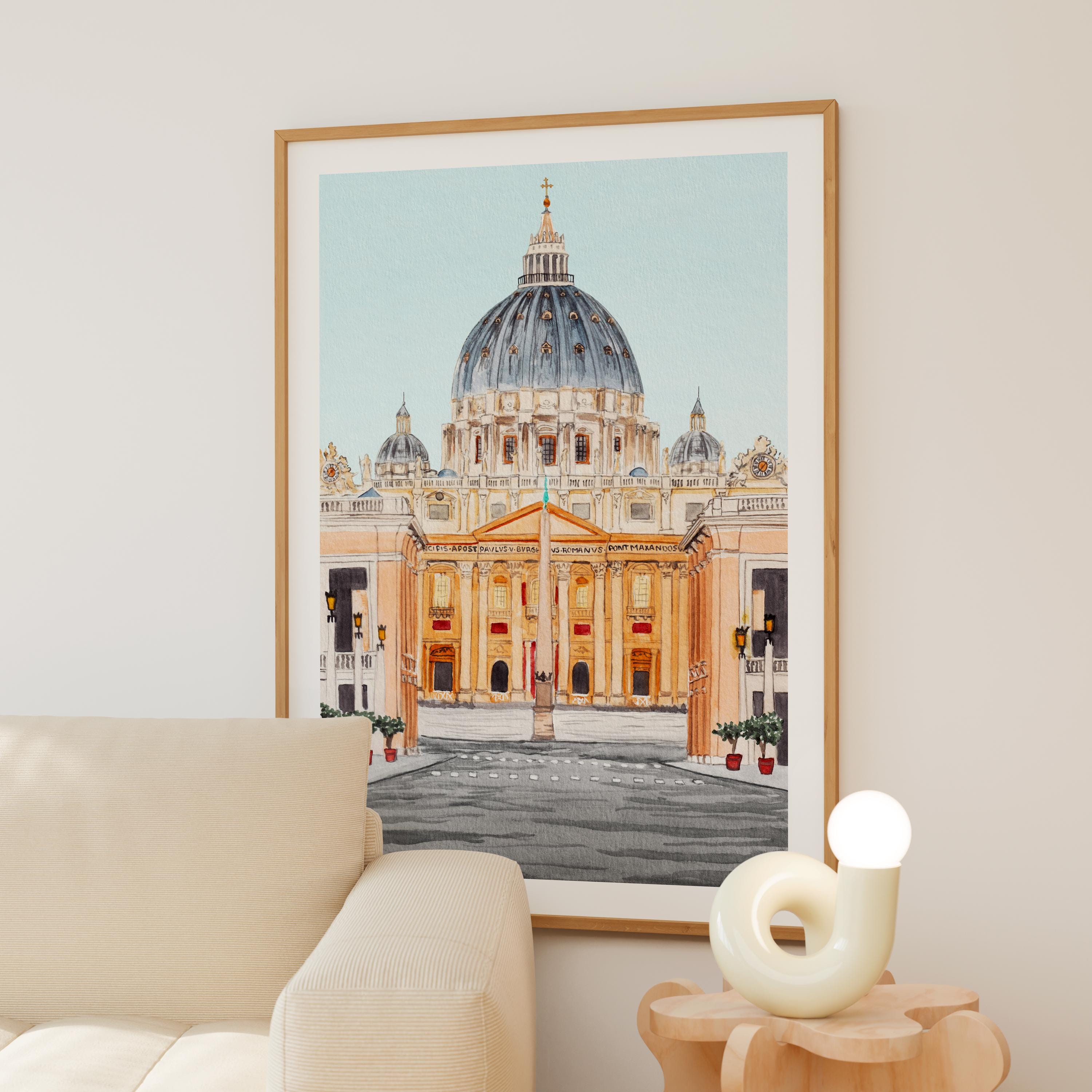 Vatican City Watercolor Print, St. Peter's Basilica, Vatican