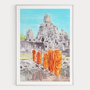 Cambodia Watercolor Print, Angkor Wat Temple, Cambodia Wall Art, Krong Siem Reap Landscape Painting
