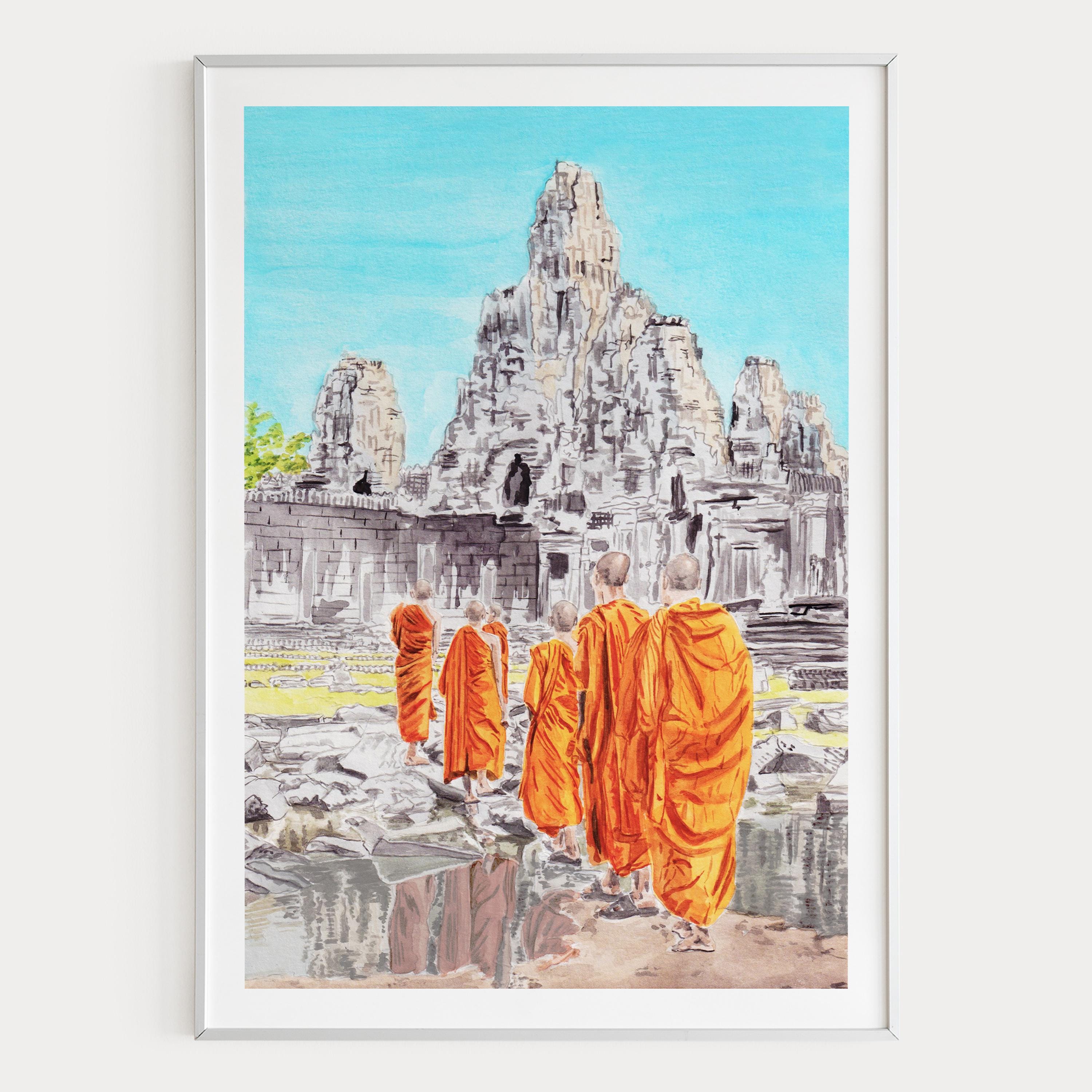 カンボジアの水彩画、アンコールワット寺院、カンボジアの壁画