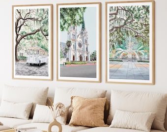 Savannah Wall Art Set of 3 Prints: Savannah Watercolor Cityscape, Georgia Southern Charm Decor