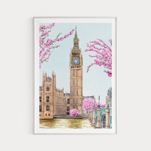 London Watercolor Print | Big Ben Art | London Cityscape | Spring Wall Art | UK Printable Art | Travel Wall Art | Housewarming Gift