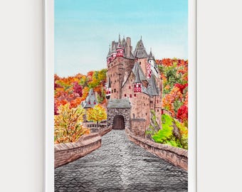 Burg Eltz Castle Watercolor Print, Germany Wall Art, Wierschem Landscape Painting, German Decor