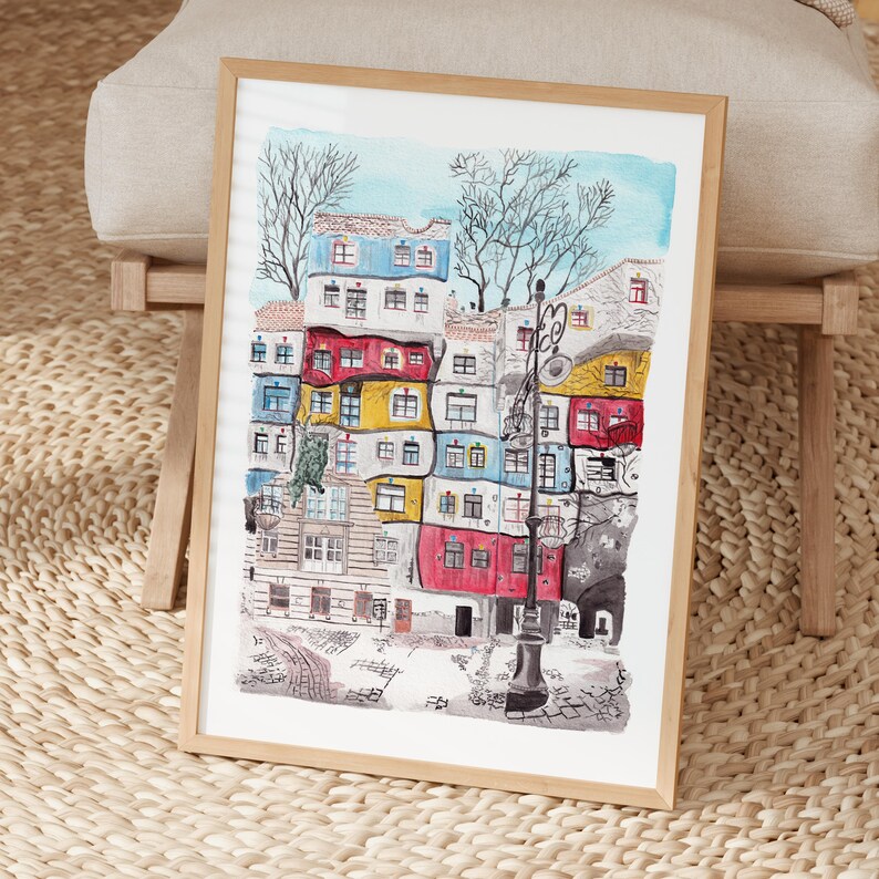 Wenen aquarel print, Oostenrijk kunst aan de muur, Wenen stadsgezicht schilderij, Oostenrijk decor afbeelding 4