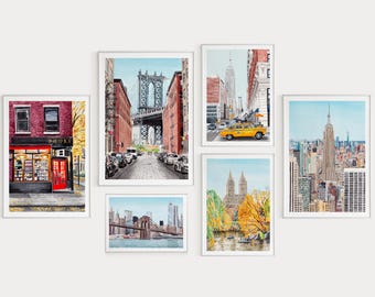 New York Gallery Wall Set of 6, Watercolor Art, New York Wall Art, New York Cityscapes, New York Art Print, NYC Art, USA Wall Decor