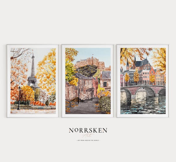 European Fall Set of 3 Watercolor Prints, Europe Art, Gallery Wall Set, Europe Cityscapes, Europe Wall Decor, Fall Art, Travel Gift